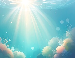 Sunbeams penetrate the ocean surface, illuminating a serene underwater scene with coral and marine life