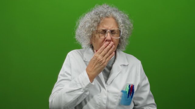Woman wearing a white lab coat with pens, looking surprised against an isolated green wall background.