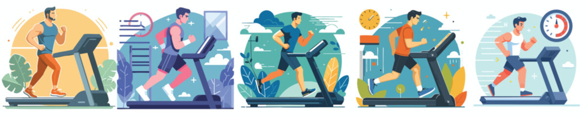 Man Running and Jogging on Treadmill Gym Training Vector Illustration