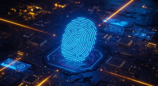 Digital fingerprint biometric scan glowing over circuit board futuristic technology