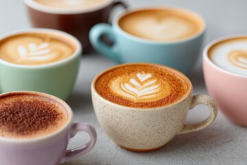 Macro Close Up of Assorted Coffee Cups Top View with Latte Art on Grey Background