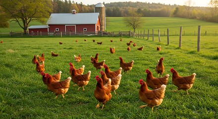 Chickens graze freely in a vibrant green field near a red barn and fence
