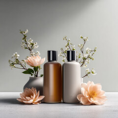 Minimalist beauty product bottles with soft pastel flowers and delicate branches create calm, elegant spa atmosphere