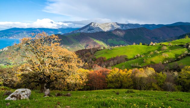 Rolling hills, vibrant foliage, solitary tree, lake