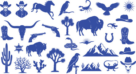 Wild West Cowboy and Desert Wildlife Icons Keywords: cowboy, horse, eagle, scorpion, buffalo