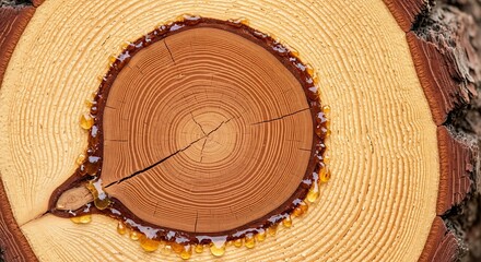 Detailed tree cross-section showing concentric rings with flowing resin