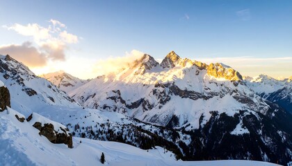 Obraz premium Majestic snow-capped mountains bathed in golden sunrise light.