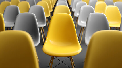 Obraz premium A single yellow chair stands out in a crowd of grey and yellow seats creating a striking visual contrast and a sense of uniqueness