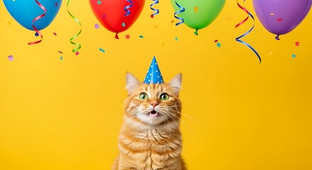 Festive cat celebrates with balloons and party hat on a vibrant yellow backdrop