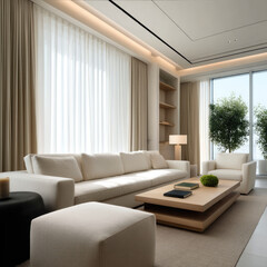 Modern light beige living room with large sofa, armchair, wooden coffee table, soft natural light, and indoor plants create calm atmosphere