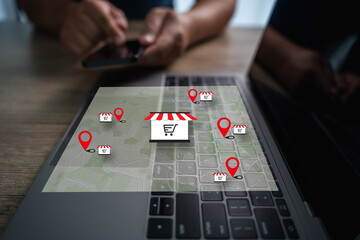 Local SEO store locator map on laptop with red pins and shop icons supports nearby search gps...