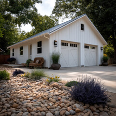 White garage with modern farmhouse style, double doors, stone landscaping, potted plants, and outdoor seating create welcoming, peaceful