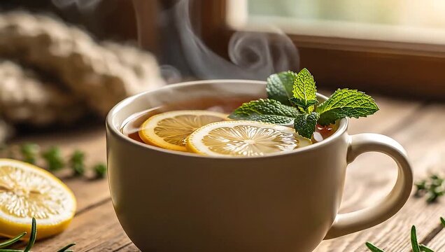 Hot Lemon Tea with Mint in Glass Cup

