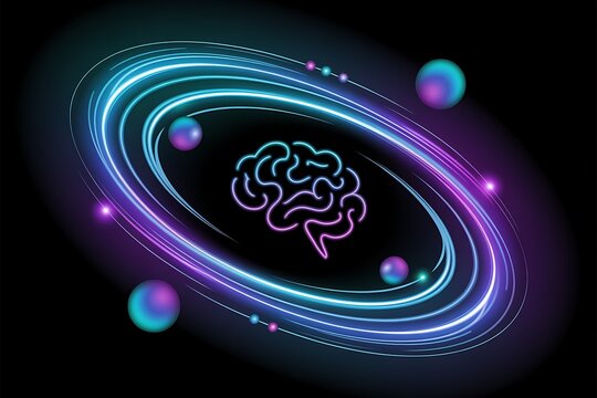 Glowing Neon Brain Orbiting with Spheres and Light Trails on Black Background image photo - Powered by Adobe