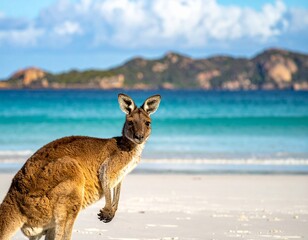 A wild kangaroo stands on a pristine white sand beach with turquoise ocean water and a scenic, hilly coastline in the background.