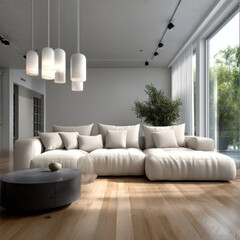 Modern light beige sofa soft cushions wooden floor large window pendant lights minimal living room natural sunlight cozy atmosphere