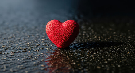 Fototapeta premium Single red textured heart shape on dark reflective surface