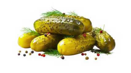 Bright green cucumbers surrounded by herbs and spices, created AI, PNG
