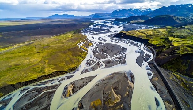 Scenic aerial view of a braided river