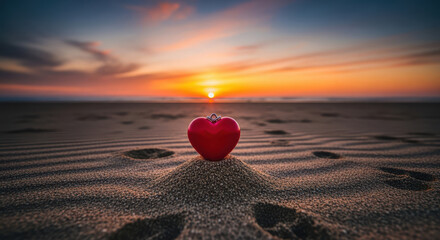 Red heart symbol on sandy beach at dramatic sunset