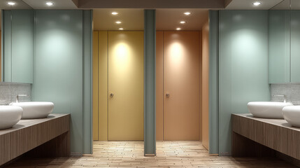 Modern public restroom with pastel yellow and peach stall doors, soft lighting, and clean sinks creates calm, welcoming atmosphere