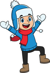Cheerful cartoon child in winter clothes, joyful pose, festive mood, ready for snow fun, holiday season, cold weather, outdoor winter activities