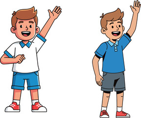 Two cartoon boys, smiling and waving their arms, in casual attire, with happy expressions.
