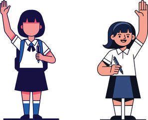 Two female students in school uniforms raising their hands while holding pens, one with a backpack.