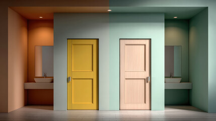 Yellow door beige door modern bathroom pastel wall mirror sink minimal design symmetry clean contemporary style