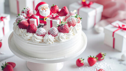 サンタクロースのメレンゲドールとプレゼントを飾ったったいちごのクリスマスケーキ