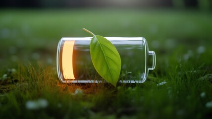 A transparent battery with a green leaf on it, symbolizing green energy and environmental protection