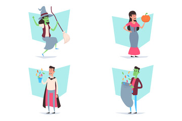 Collection of four playful Halloween characters, including witch, vampire, girl with pumpkin, and ghost. Halloween celebration concept