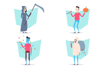 Playful Halloween collection with grim reaper holding scythe, cheerful person with pumpkin, colorful character tossing candies, and ghostly figure carrying bag