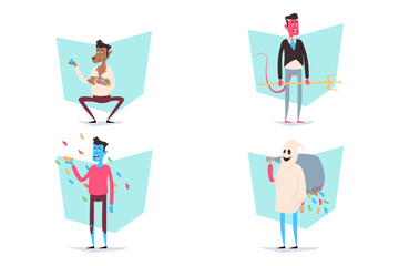 Four colorful characters engaged in Halloween activities. One holding candy, another wielding trident, third spreading candies, and last wearing ghost costume