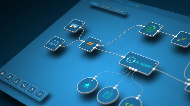Closeup of AI automation workflow with intelligent agent connecting data, code, and tools, looped animation