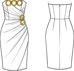 Strapless women’s dress fashion illustration, technical flat sketch, elegant pencil skirt silhouette, draped bodice with circular embellishments, front and back view garment design drawing