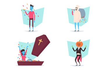 Fun Halloween-themed characters celebrating spooky season with candy, ghost, pumpkin, and coffin. Halloween celebration concept