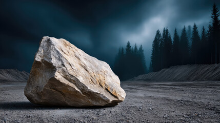 Large rock sits on barren ground under dramatic cloudy night sky, surrounded by pine forest and moody atmosphere