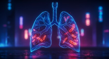 Digital illustration of human lungs with disease glowing blue and red