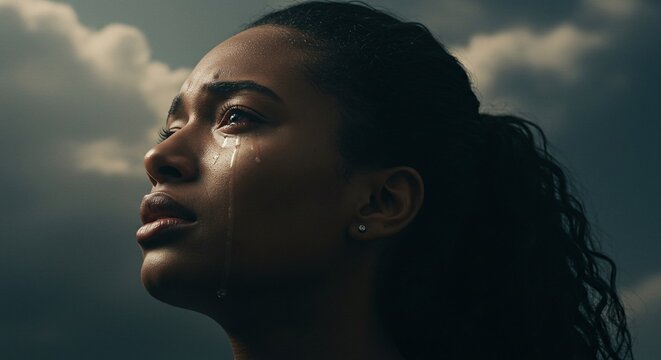 Close tears of faith, a Christian in spiritual brokenness and emotional prayer to Christ