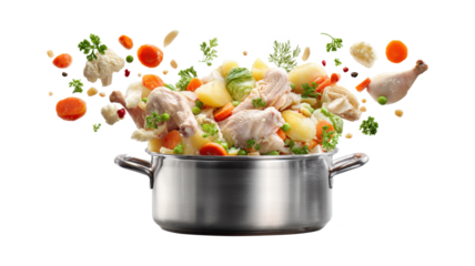Chicken soup ingredients falling into the pot isolated on a white background