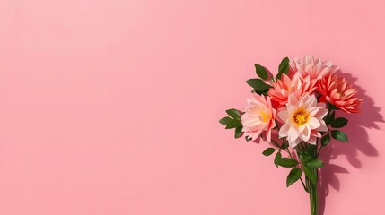 Naklejka premium A bouquet of nightshade flowers in white and coral on a bright pink background with a minimalist composition.