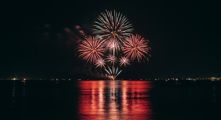 Fireworks display over dark water at night with reflections and vibrant colors