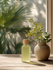 Glass bottle green lotion wooden cap ceramic vase plant sunlight natural table indoor fresh