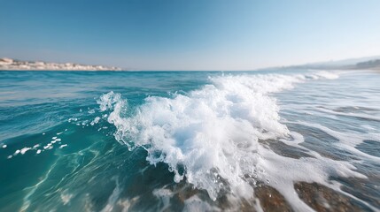Fototapeta premium Macro Close Up of Calm Ocean Waves Under Blue Sky at Beach