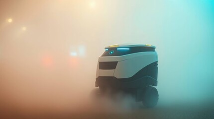 Robot delivery fog city night.