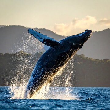 Whale leaping in ocean sunrise