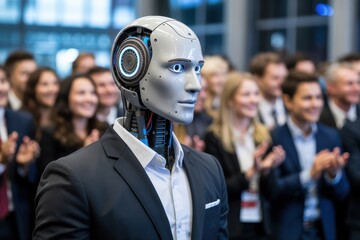 A robot in a suit stands before an applauding crowd at a conference or business presentation event