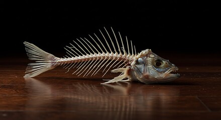 Fish skeleton on wood surface anatomical study against dark background