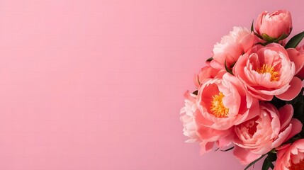 Bouquet of pink and coral peonies with soft lighting and minimalist composition on a pink background.